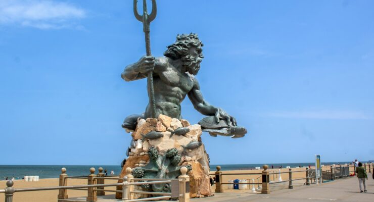 Virginia Beach boardwalk stretching along the Atlantic coastline near the First Street resort area.